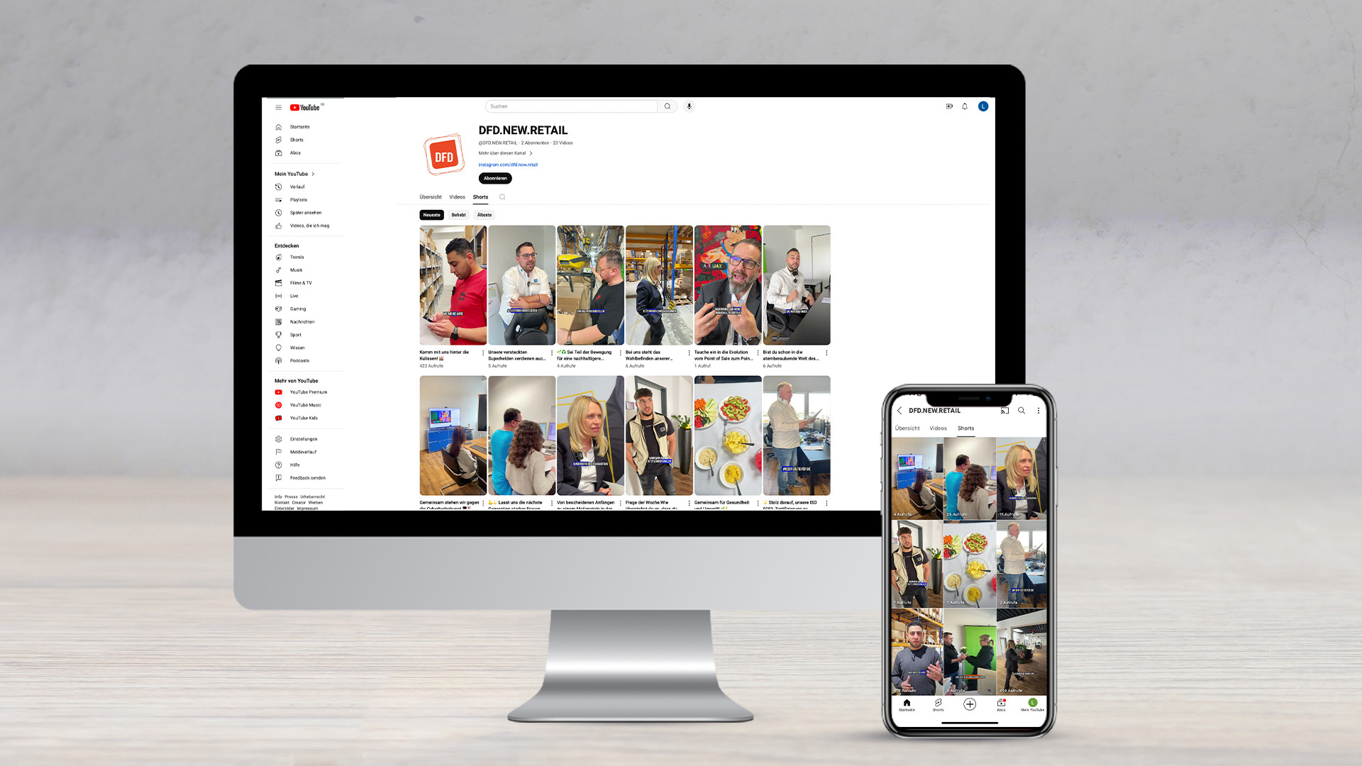 DFD.NEW.RETAIL YouTube-Kanal auf Desktop und Smartphone, zeigt Videos zum Thema Retail-Innovation.  Erfahren Sie mehr über die Omnichannel-Strategie von DFD.